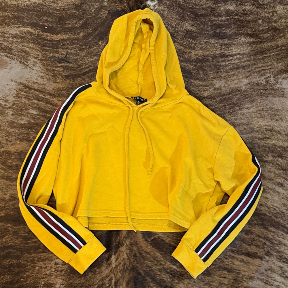Timing Yellow Cropped Hoodie with Striped Sleeve Detail